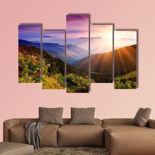Summer landscape in mountains with the sun Multi panel canvas wall art