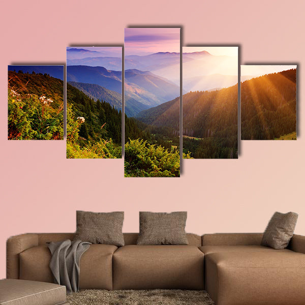 Summer landscape in mountains with the sun Multi panel canvas wall art