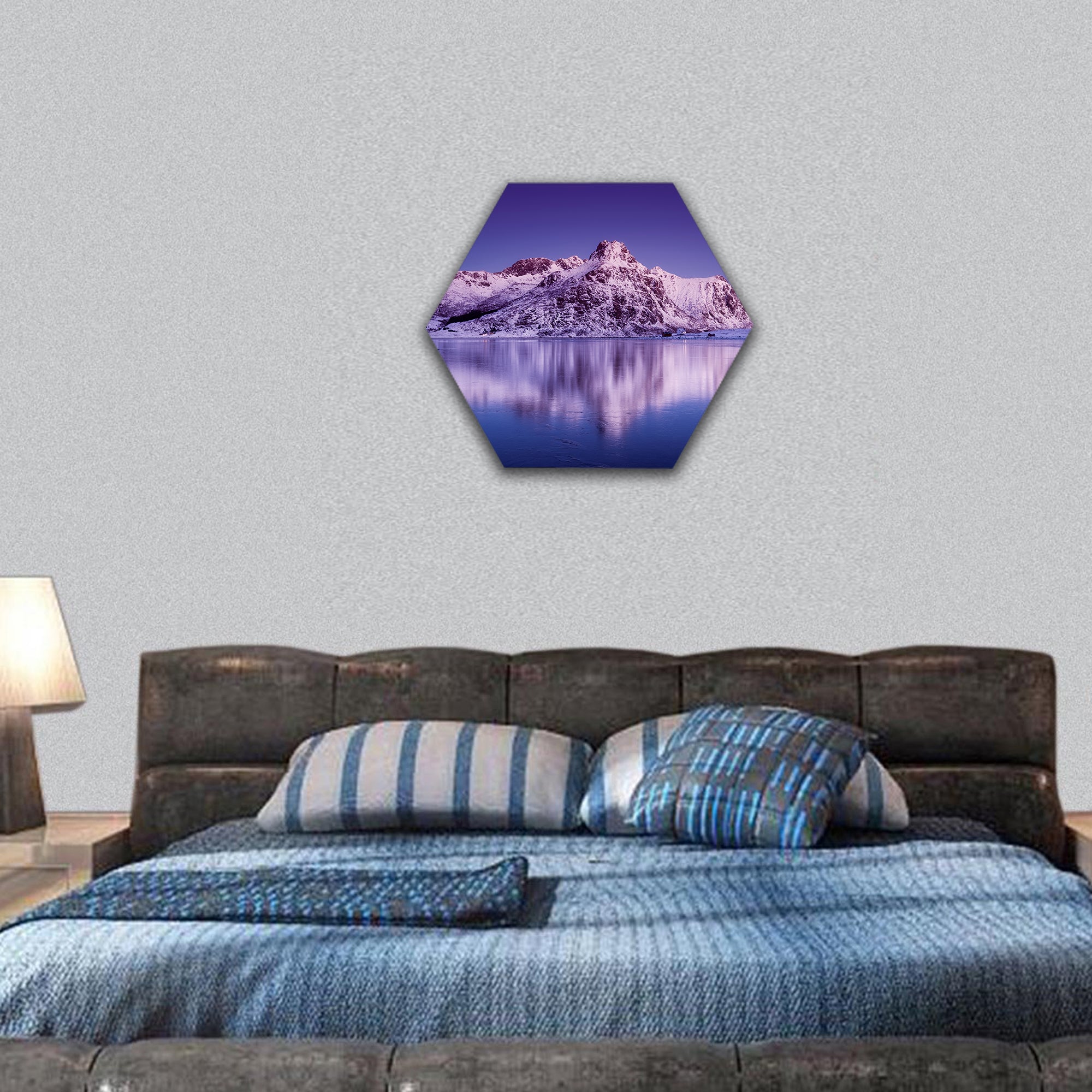 Mountain ridge and reflection in the lake hexagonal canvas wall art
