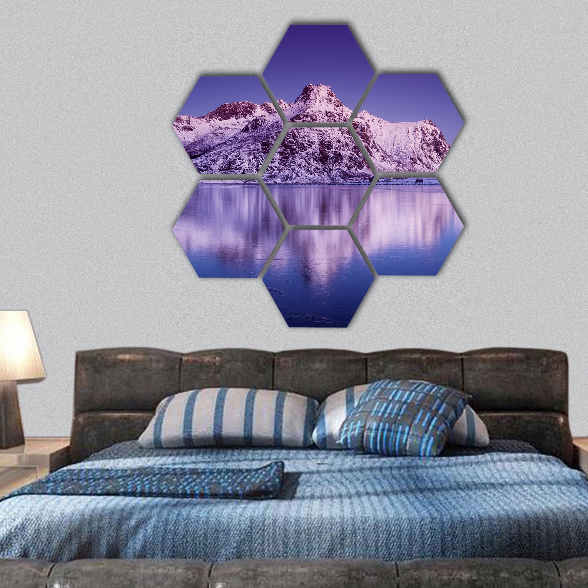 Mountain ridge and reflection in the lake hexagonal canvas wall art