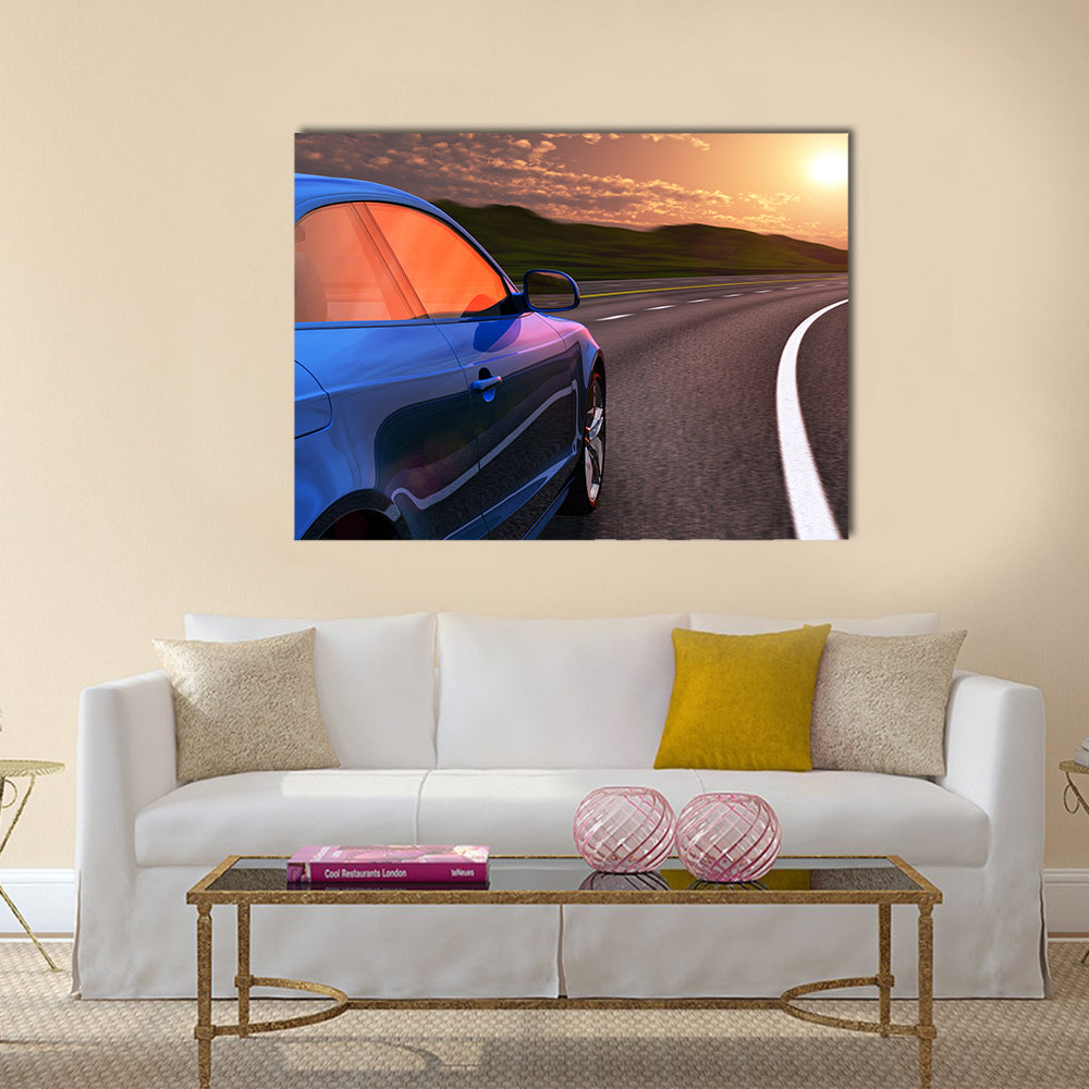 Blue car driving by autobahn in sunset with motion blur effect Multi panel canvas wall art