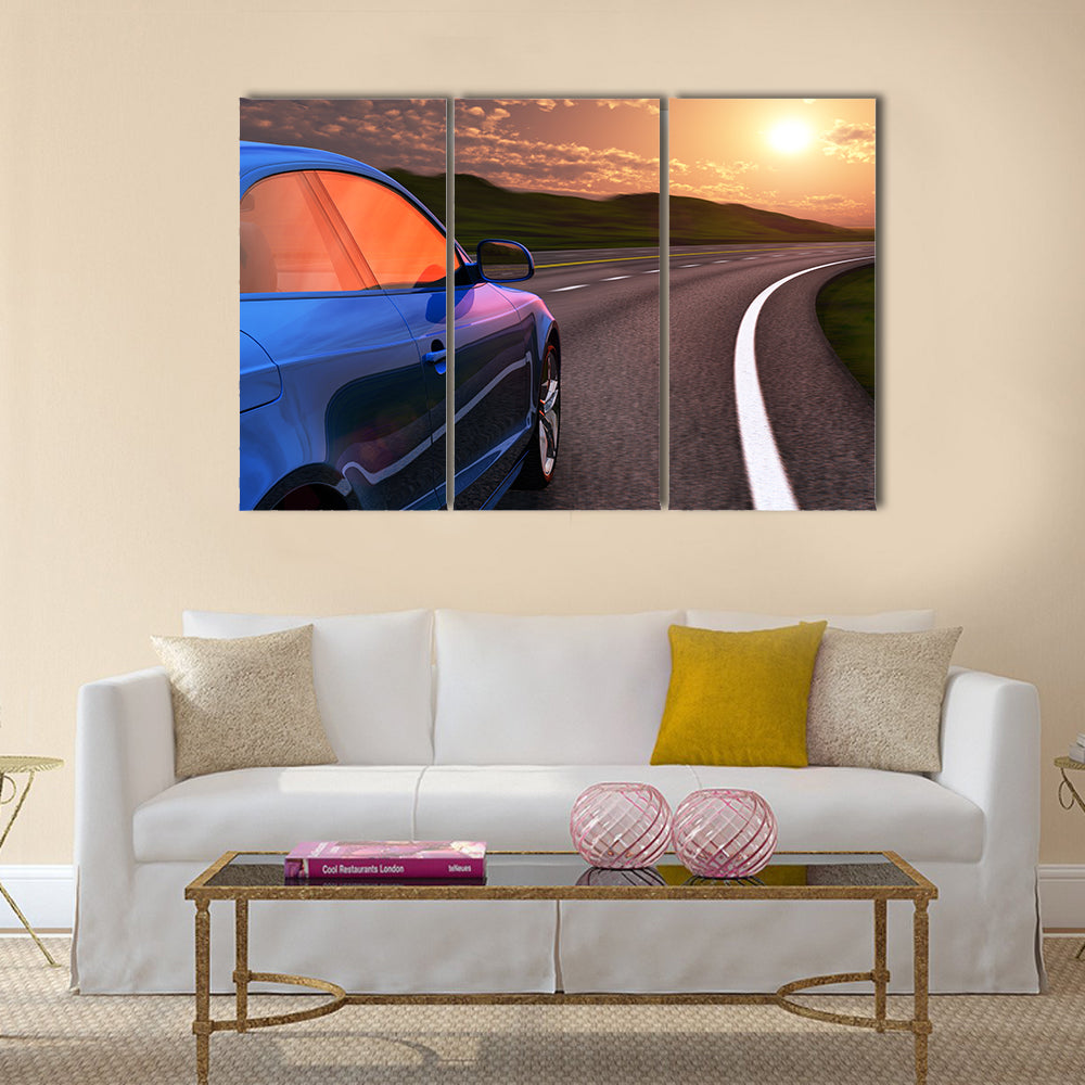 Blue car driving by autobahn in sunset with motion blur effect Multi panel canvas wall art