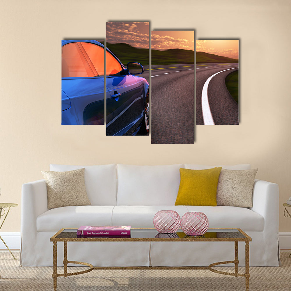 Blue car driving by autobahn in sunset with motion blur effect Multi panel canvas wall art