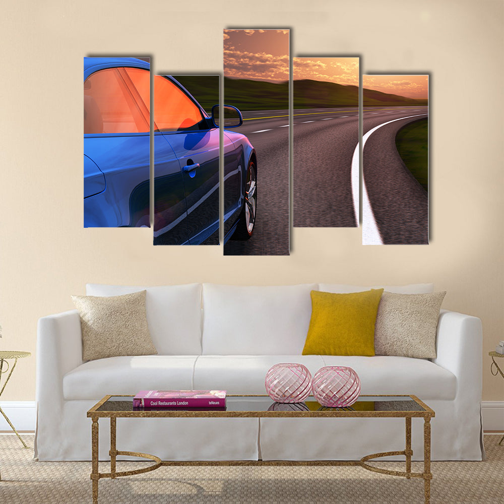 Blue car driving by autobahn in sunset with motion blur effect Multi panel canvas wall art
