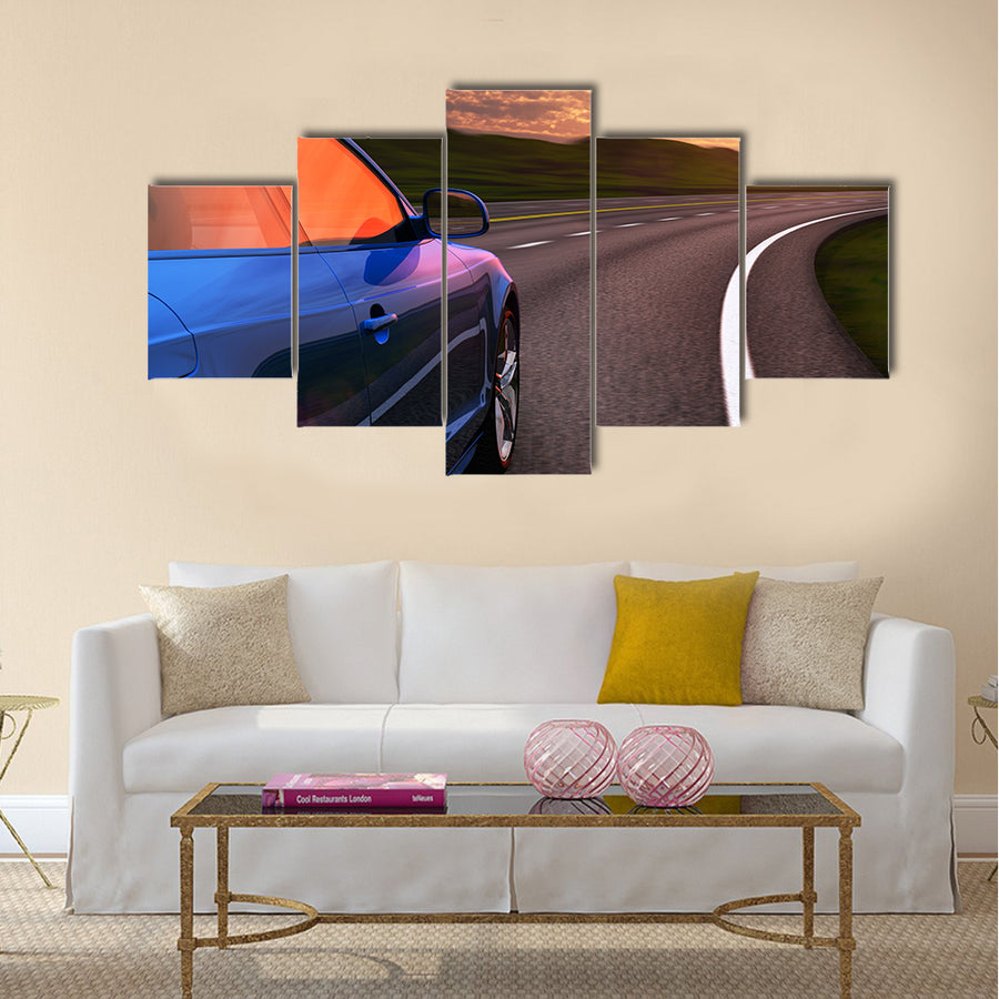 Blue car driving by autobahn in sunset with motion blur effect Multi panel canvas wall art