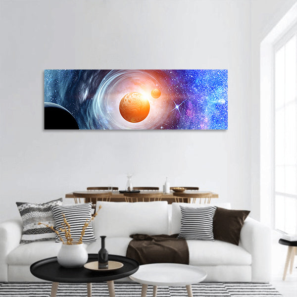 Abstract image with space planets and starry sky panoramic canvas wall art