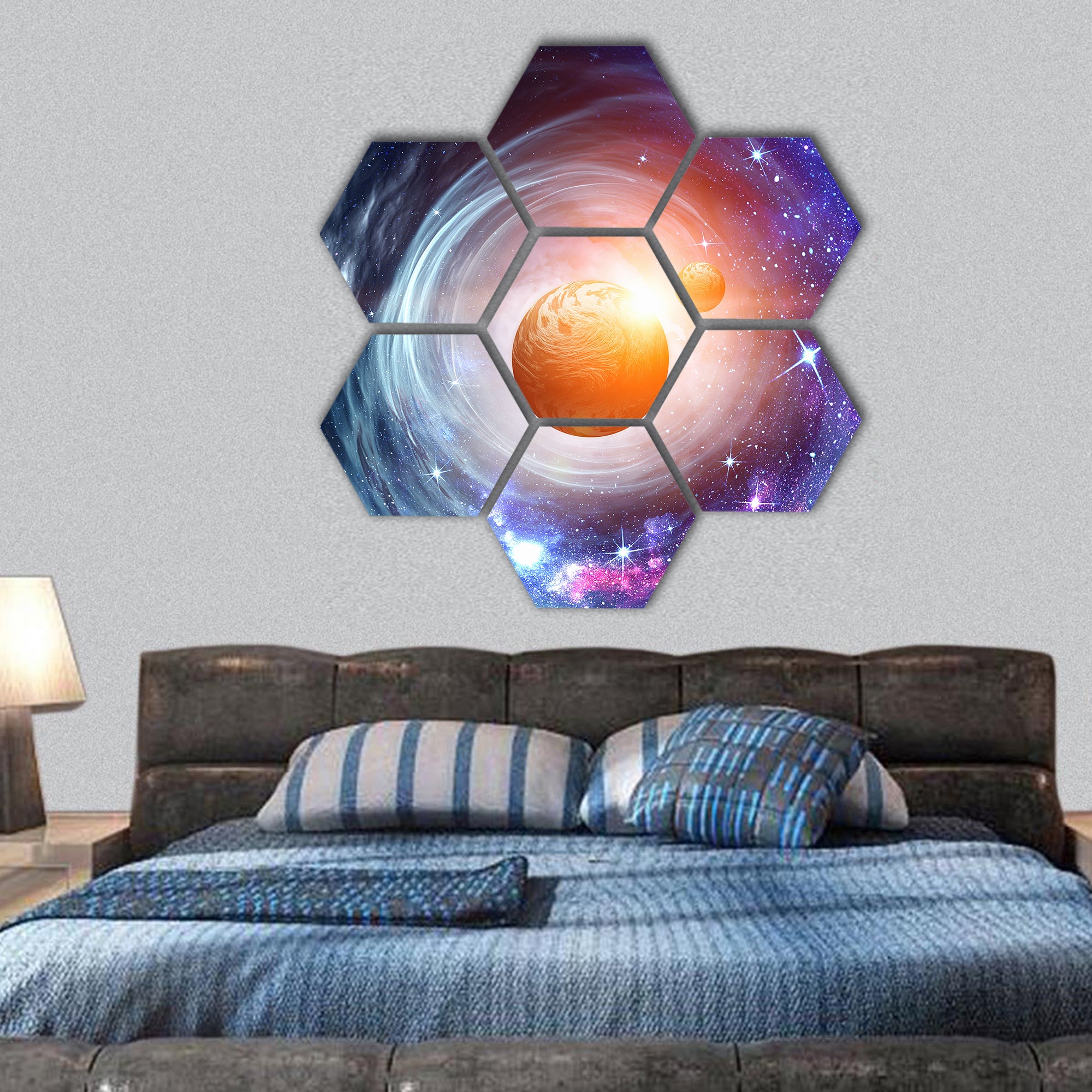 image with space planets and starry sky hexagonal canvas wall art