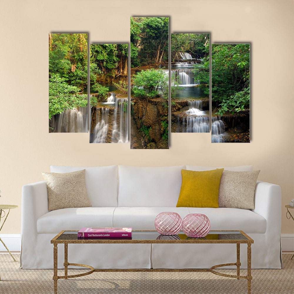 Waterfall in deep forest Multi Panel Canvas Wall Art