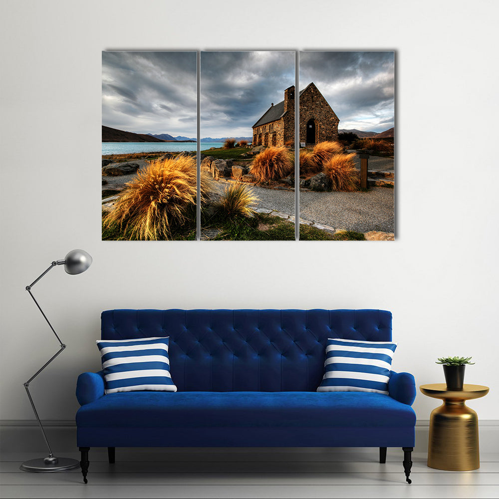 A Quiet Church By A Glacier Lake Against A Mountain, Multi Panel Wall Art