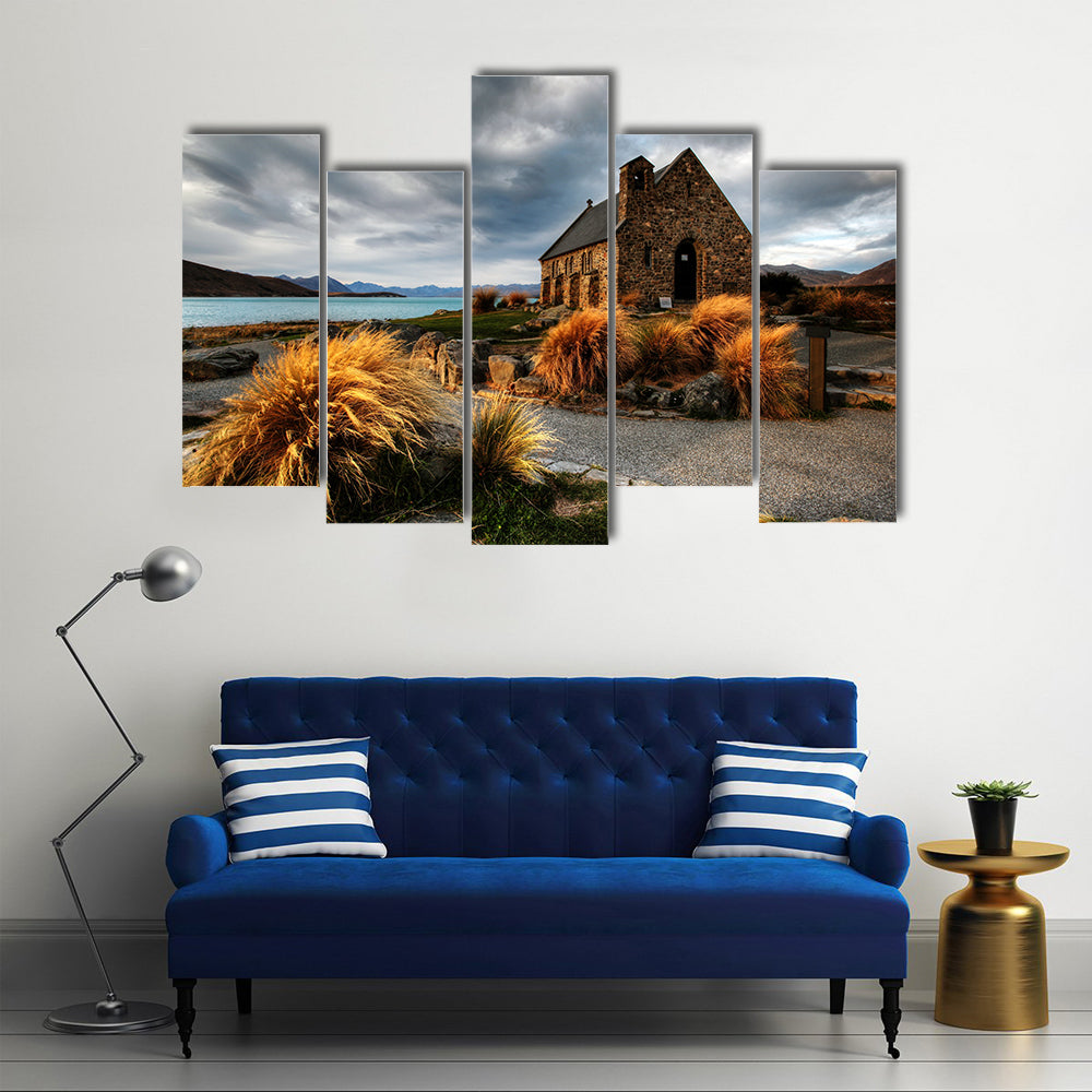 A Quiet Church By A Glacier Lake Against A Mountain, Multi Panel Wall Art