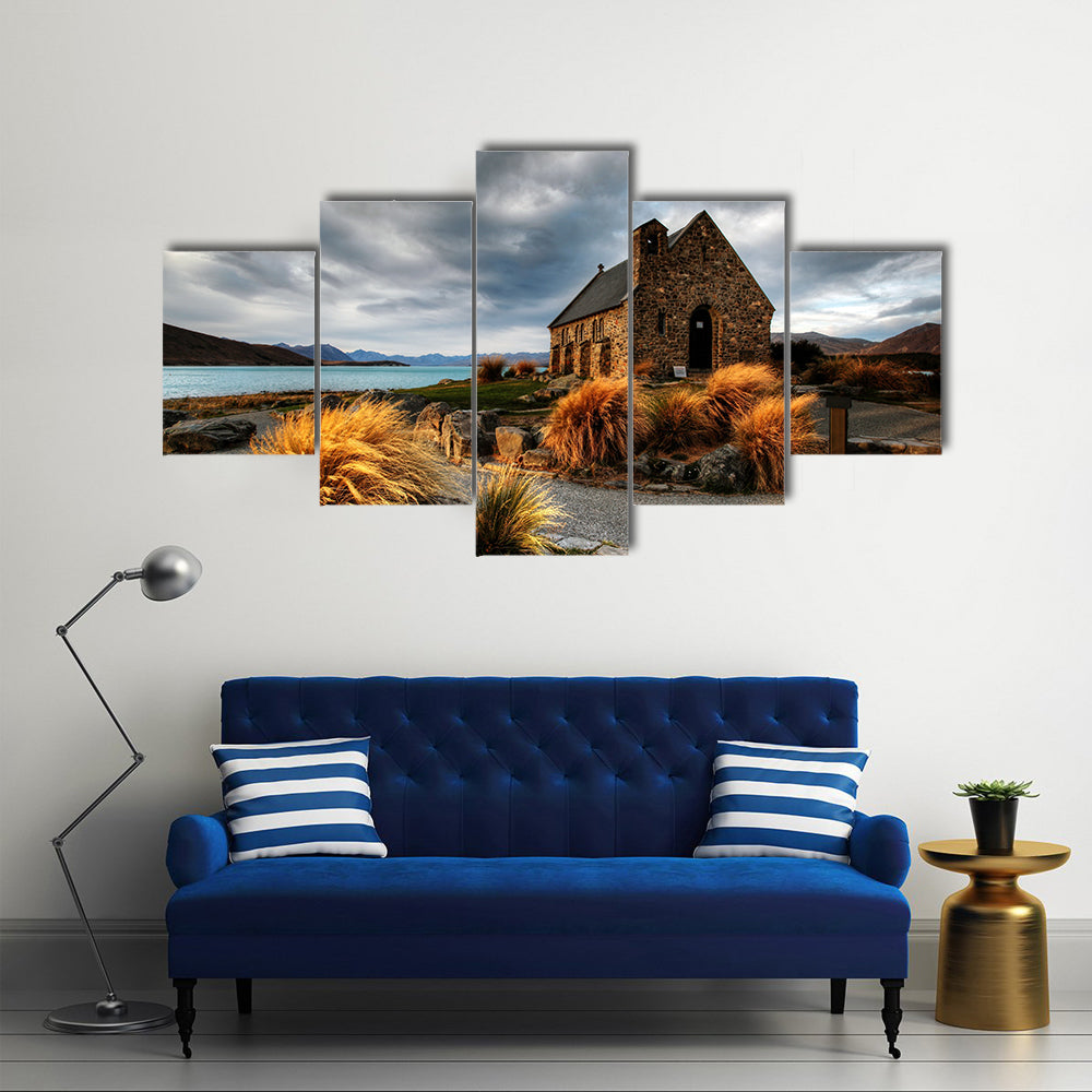 A Quiet Church By A Glacier Lake Against A Mountain, Multi Panel Wall Art