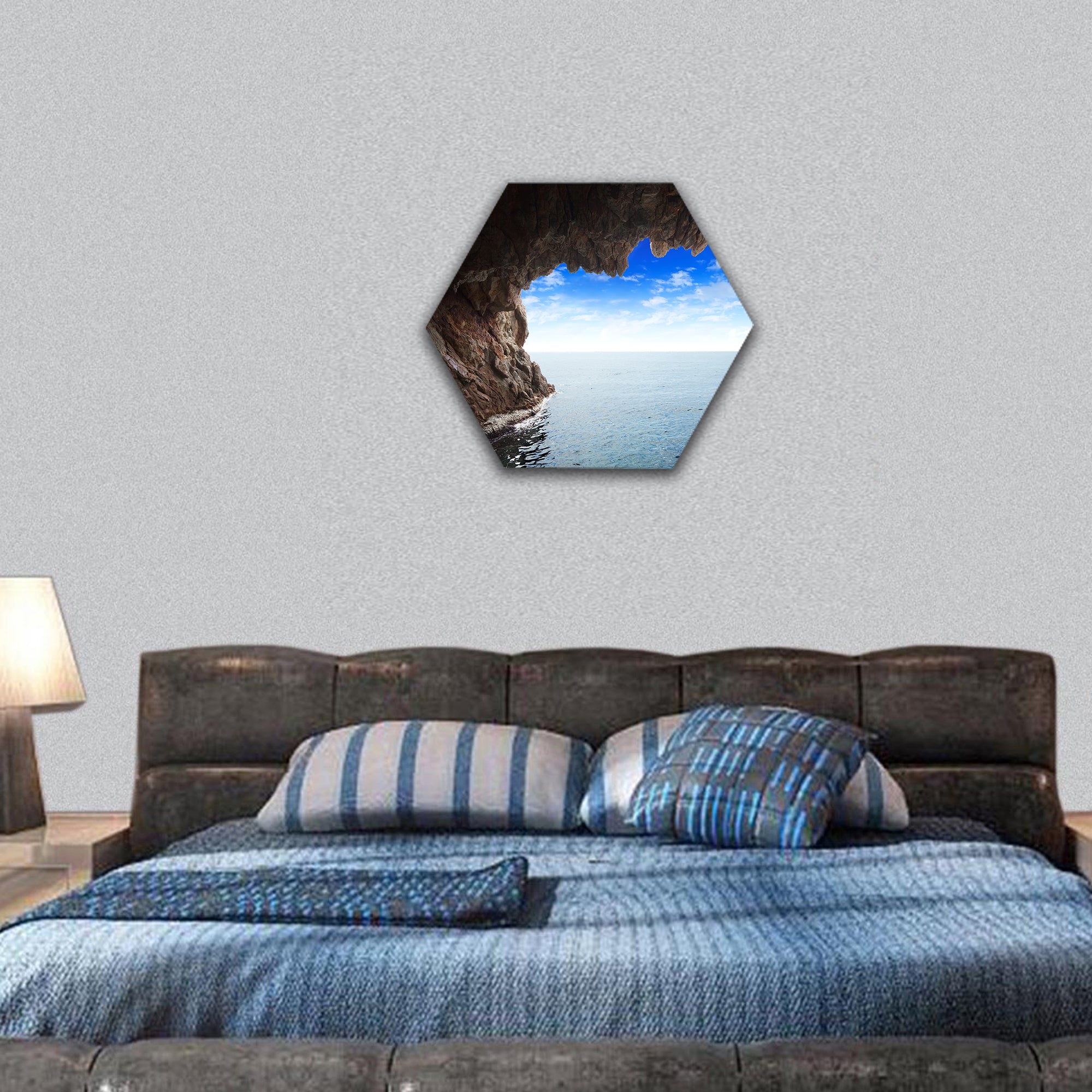 Inside view of grotto in cliff hexagonal canvas wall art