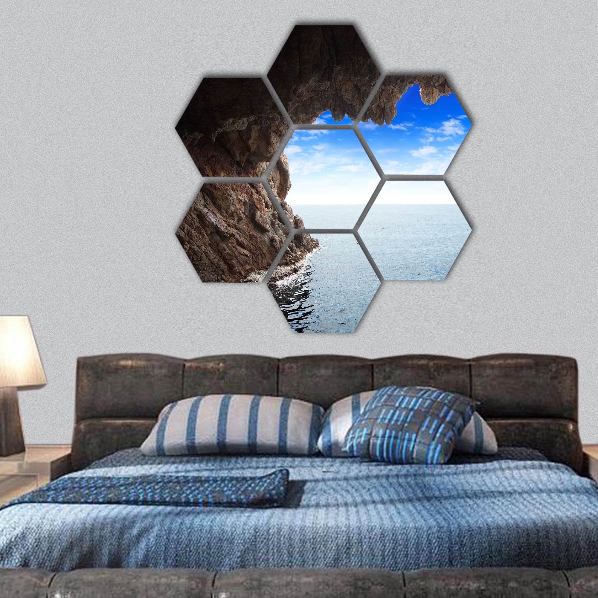 Inside view of grotto in cliff hexagonal canvas wall art