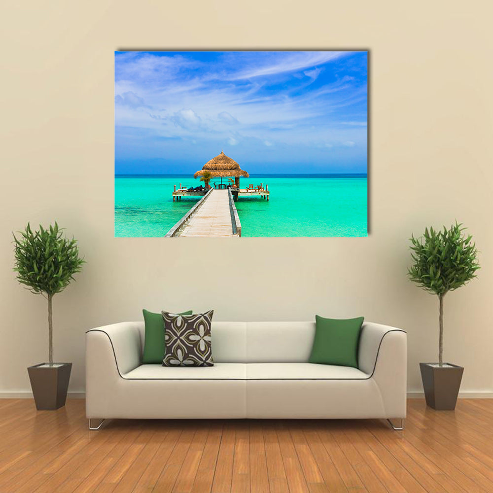 Water Cafe On The Beach And Pathway In Maldives, Multi Panel Canvas Wall Art