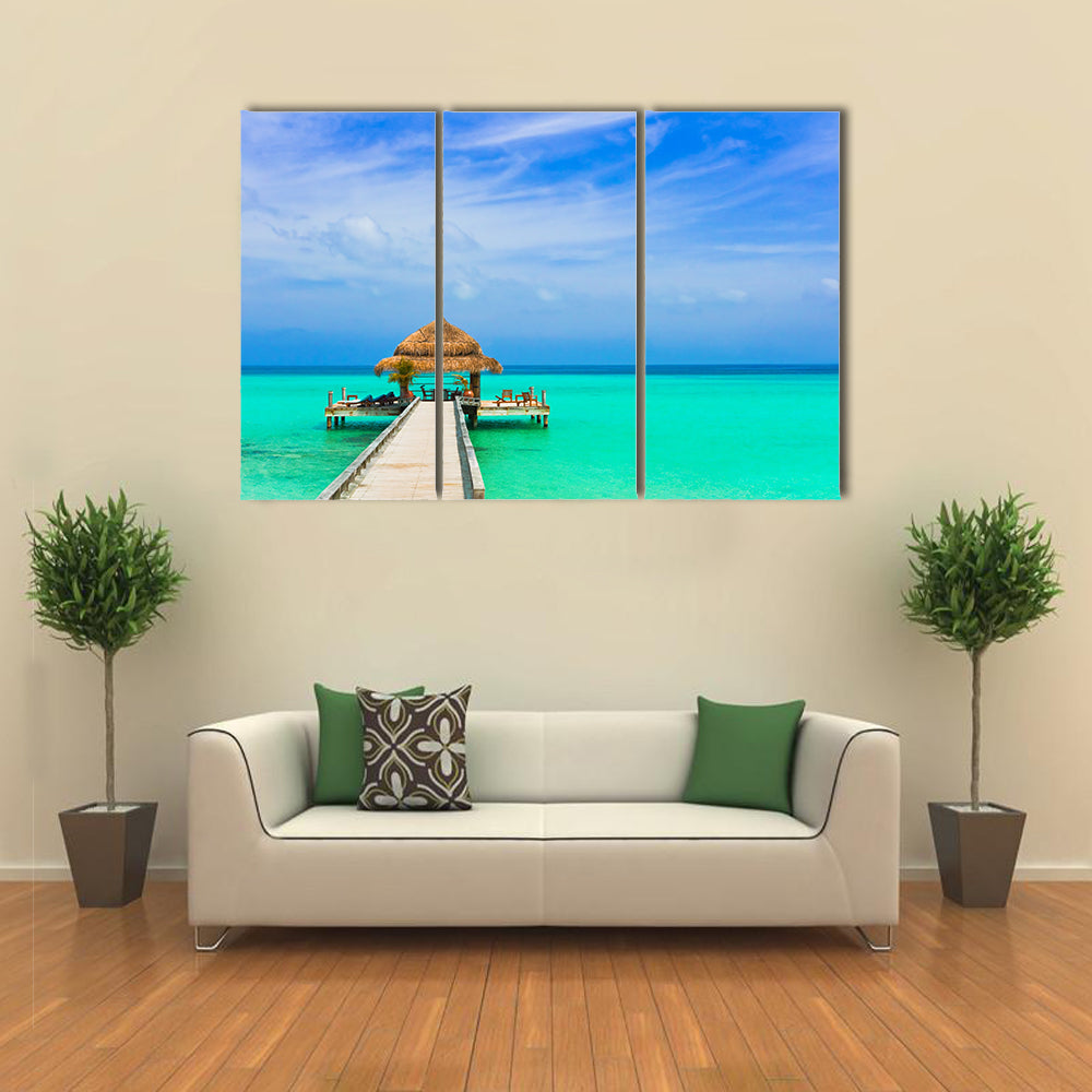 Water Cafe On The Beach And Pathway In Maldives, Multi Panel Canvas Wall Art
