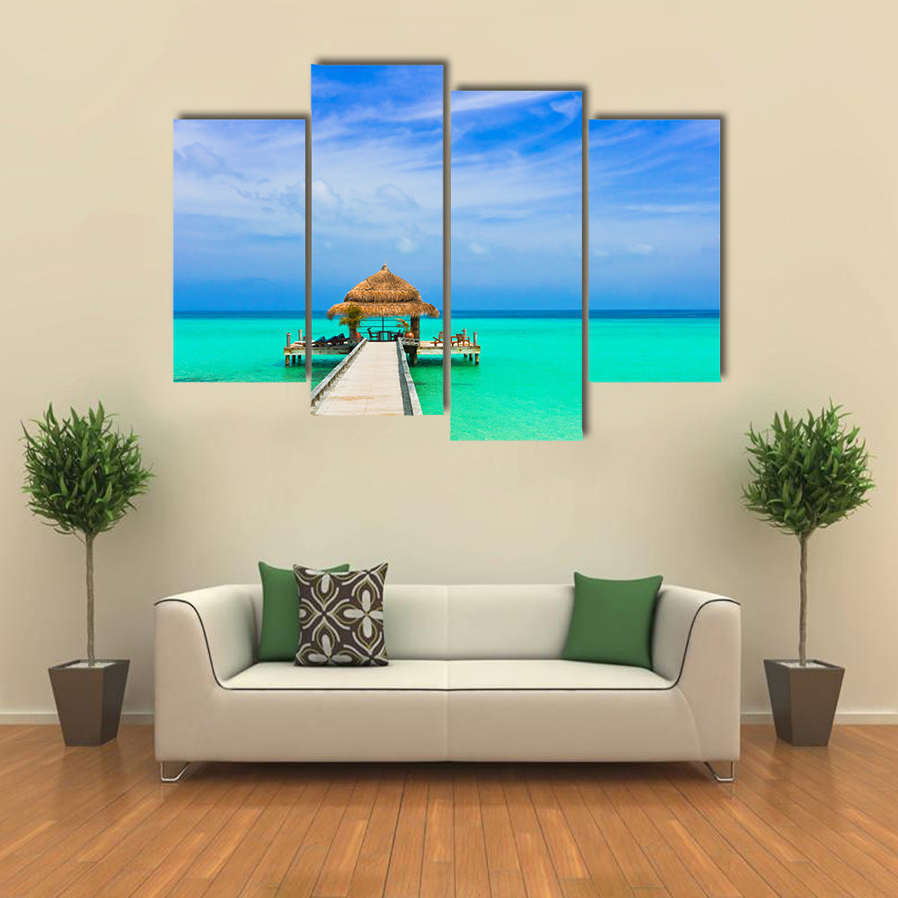 Water Cafe On The Beach And Pathway In Maldives, Multi Panel Canvas Wall Art