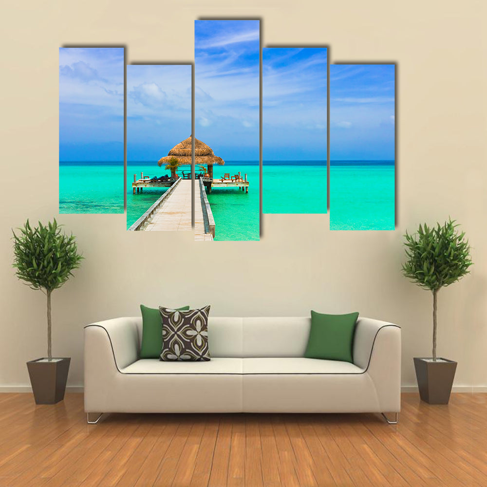 Water Cafe On The Beach And Pathway In Maldives, Multi Panel Canvas Wall Art