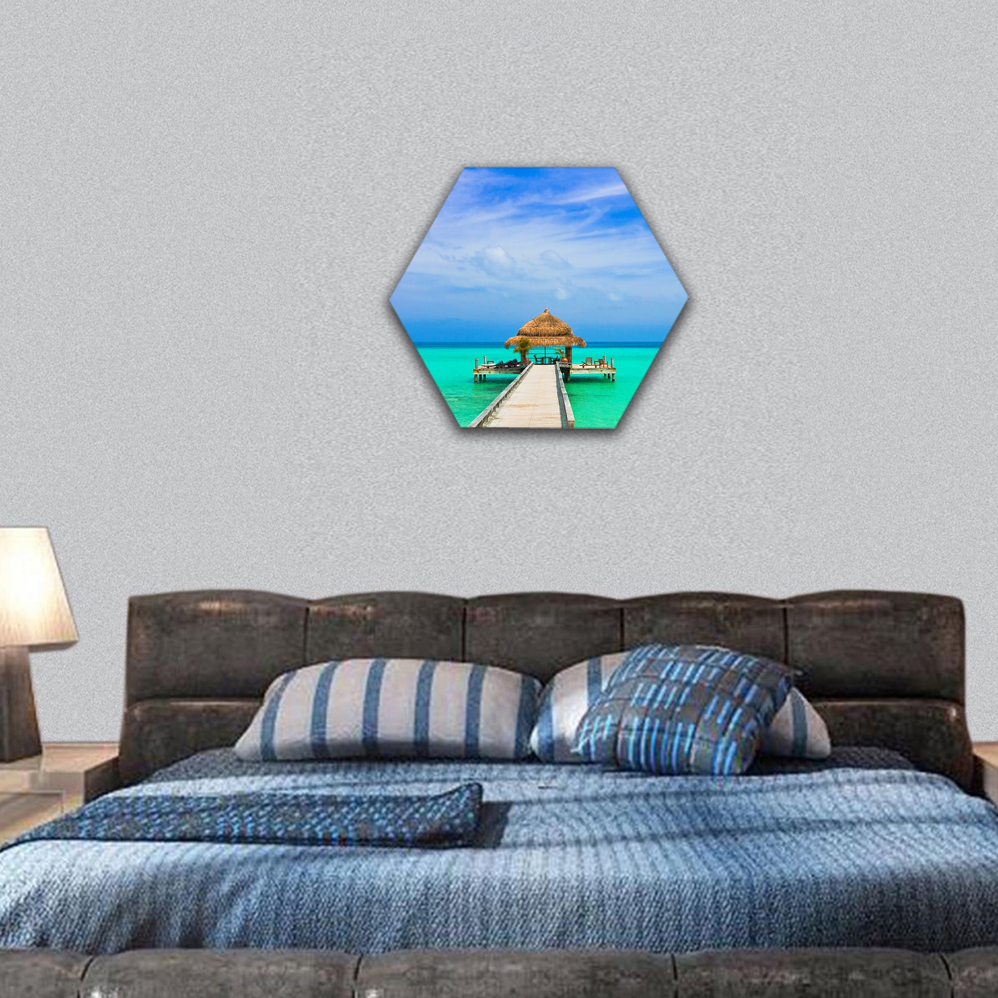 Water cafe on the beach and pathway hexagonal canvas wall art