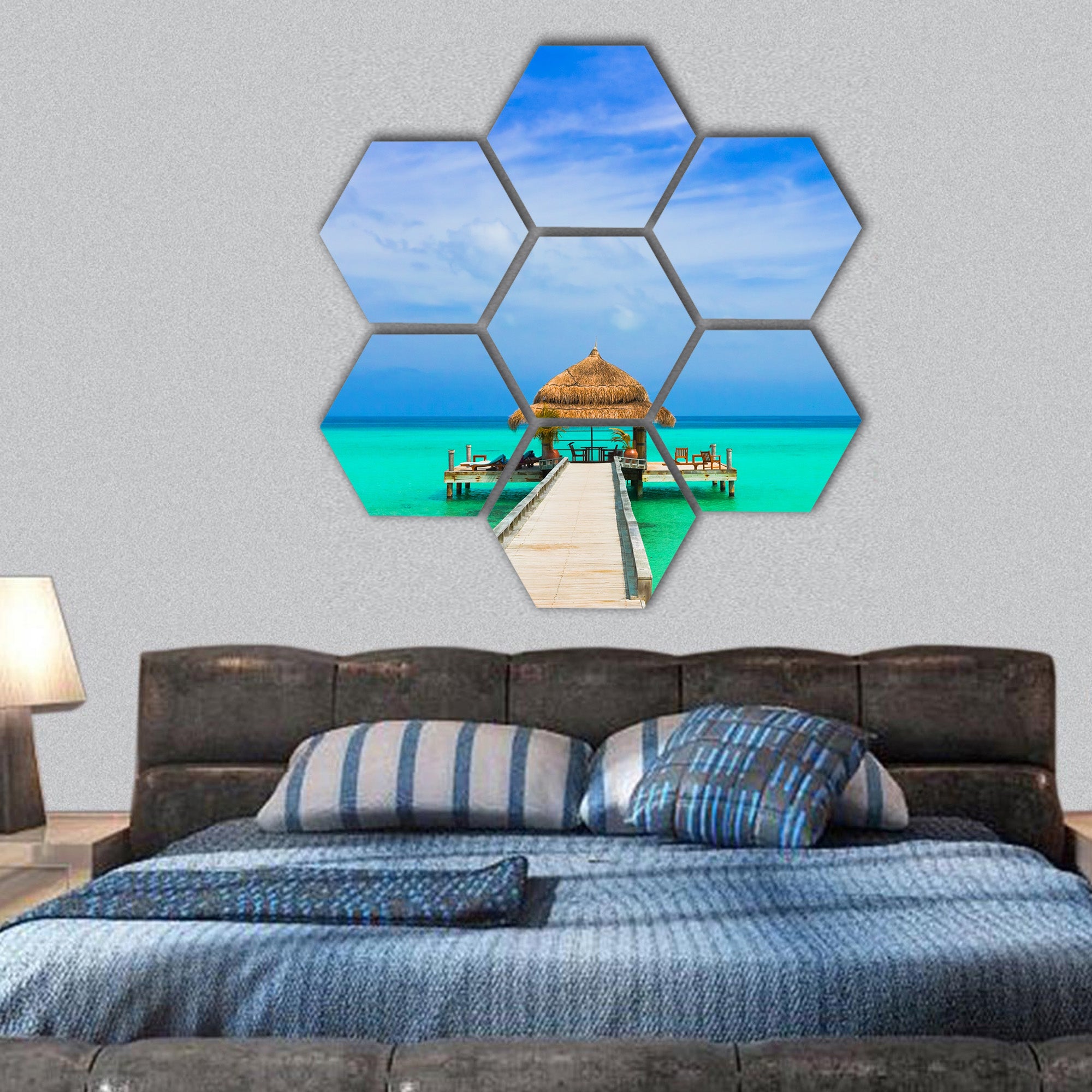 Water cafe on the beach and pathway hexagonal canvas wall art