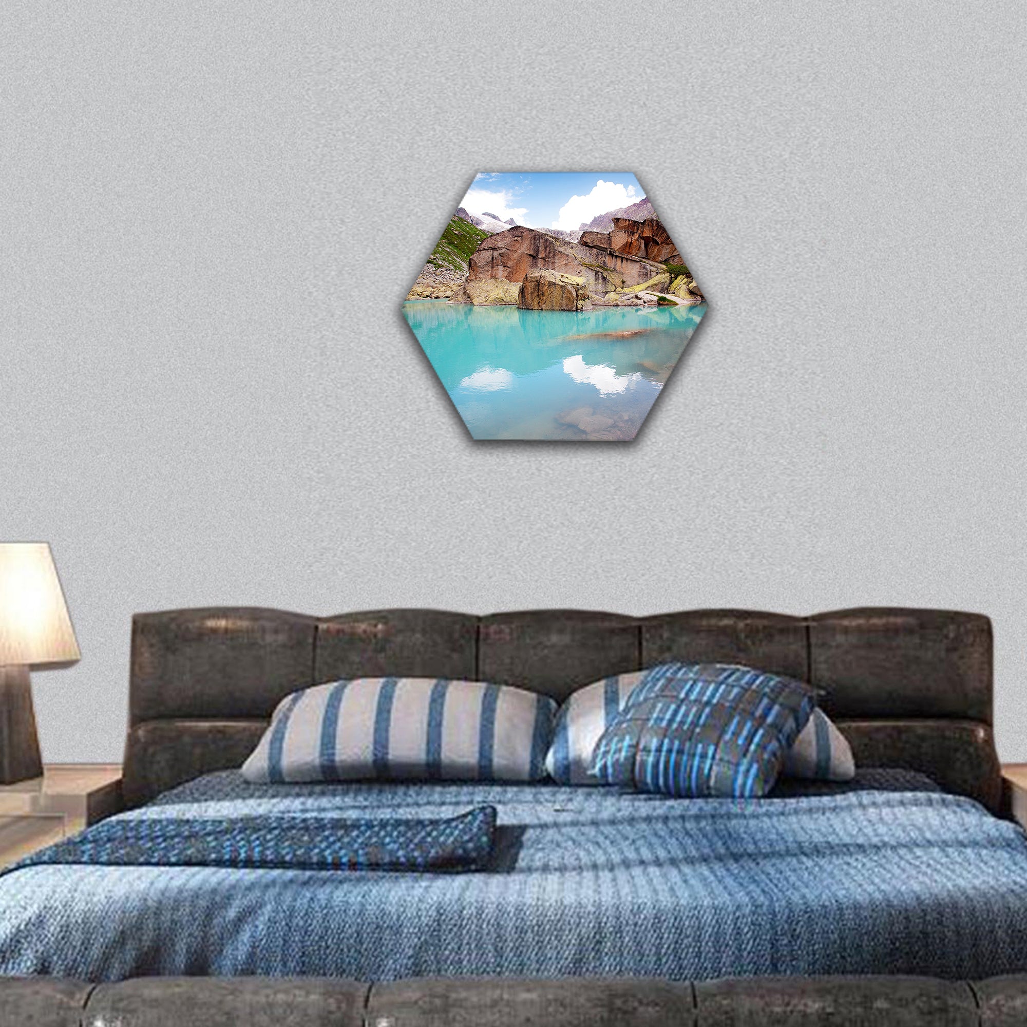 Lake in mountains hexagonal canvas wall art
