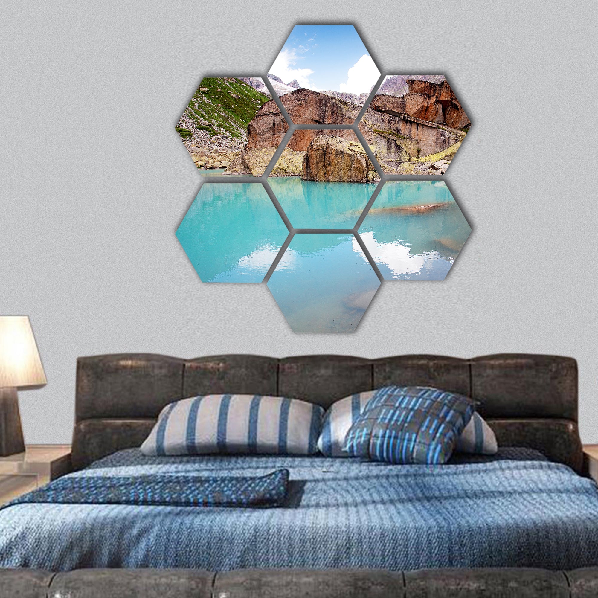 Lake in mountains hexagonal canvas wall art