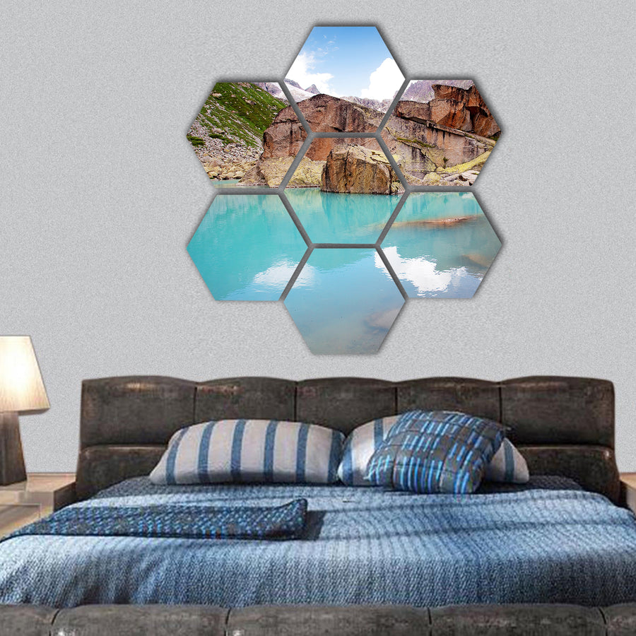 Lake in mountains hexagonal canvas wall art