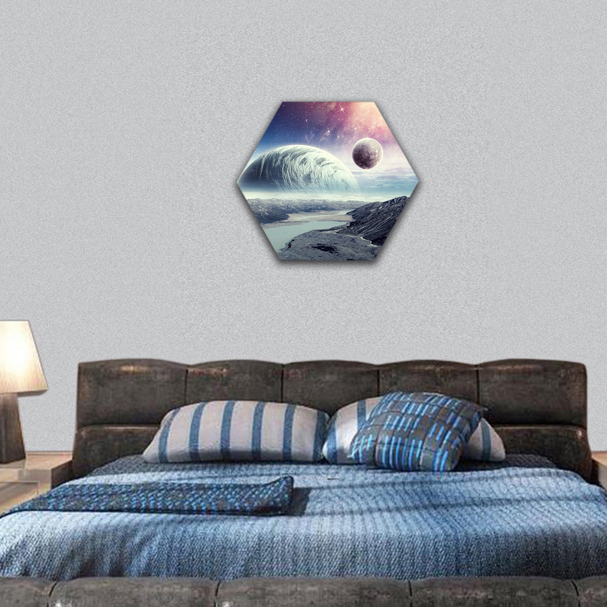 image with space planets and natural landscape hexagonal canvas wall art