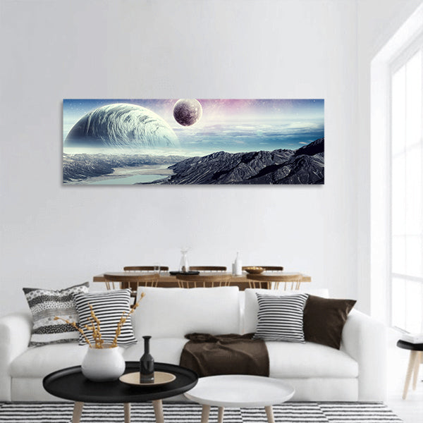 Abstract image with space planets and natural landscape panoramic canvas wall art