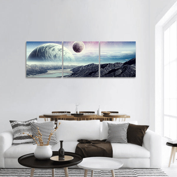 Abstract image with space planets and natural landscape panoramic canvas wall art