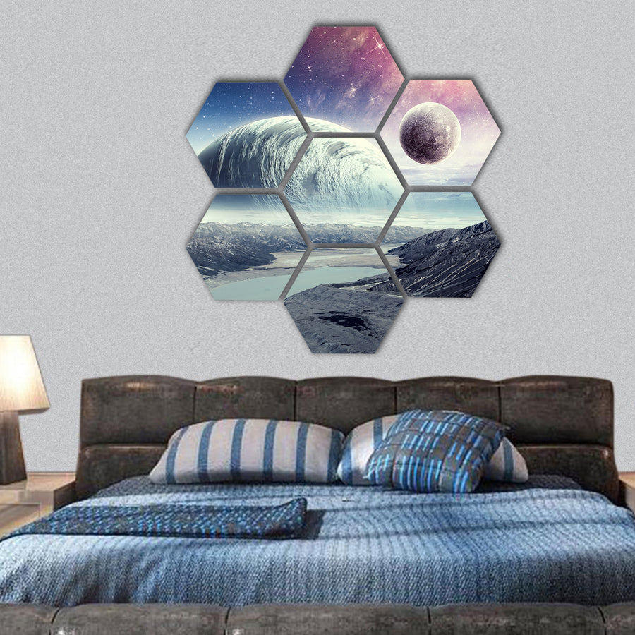 image with space planets and natural landscape hexagonal canvas wall art