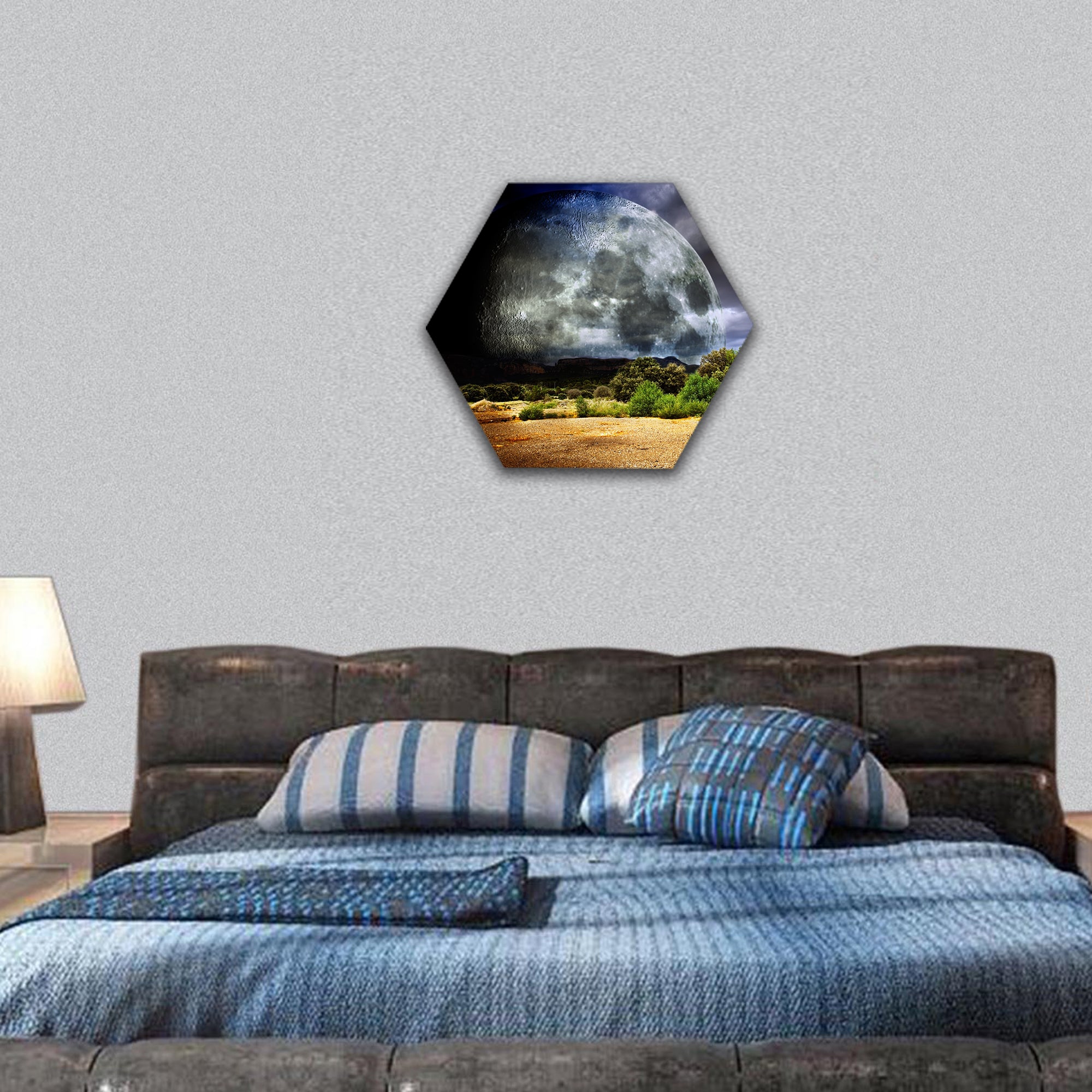 Dreamscape with full moon hexagonal canvas wall art