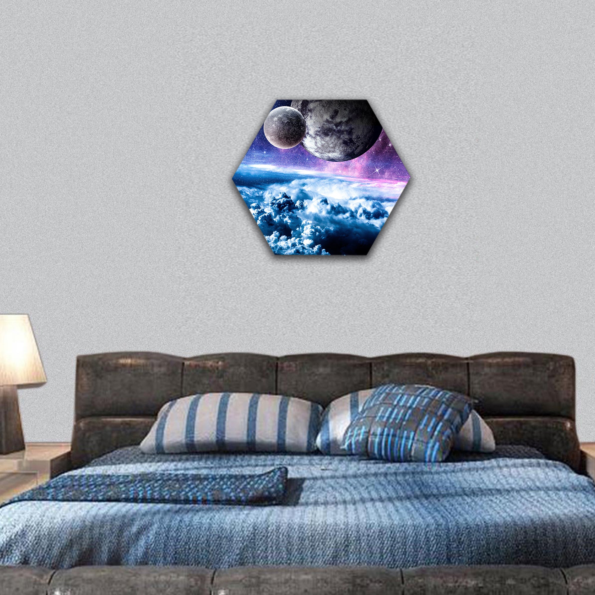 image with space planets and starry sky hexagonal canvas wall art