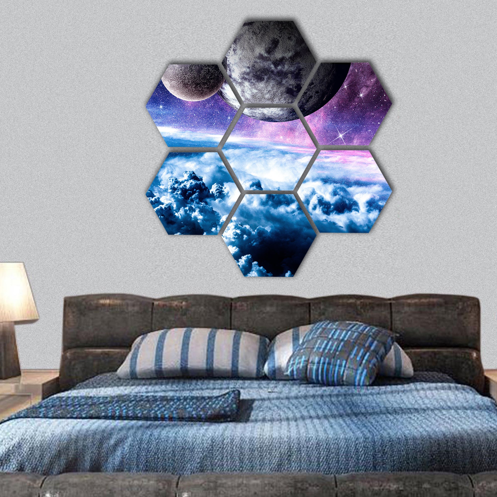 image with space planets and starry sky hexagonal canvas wall art
