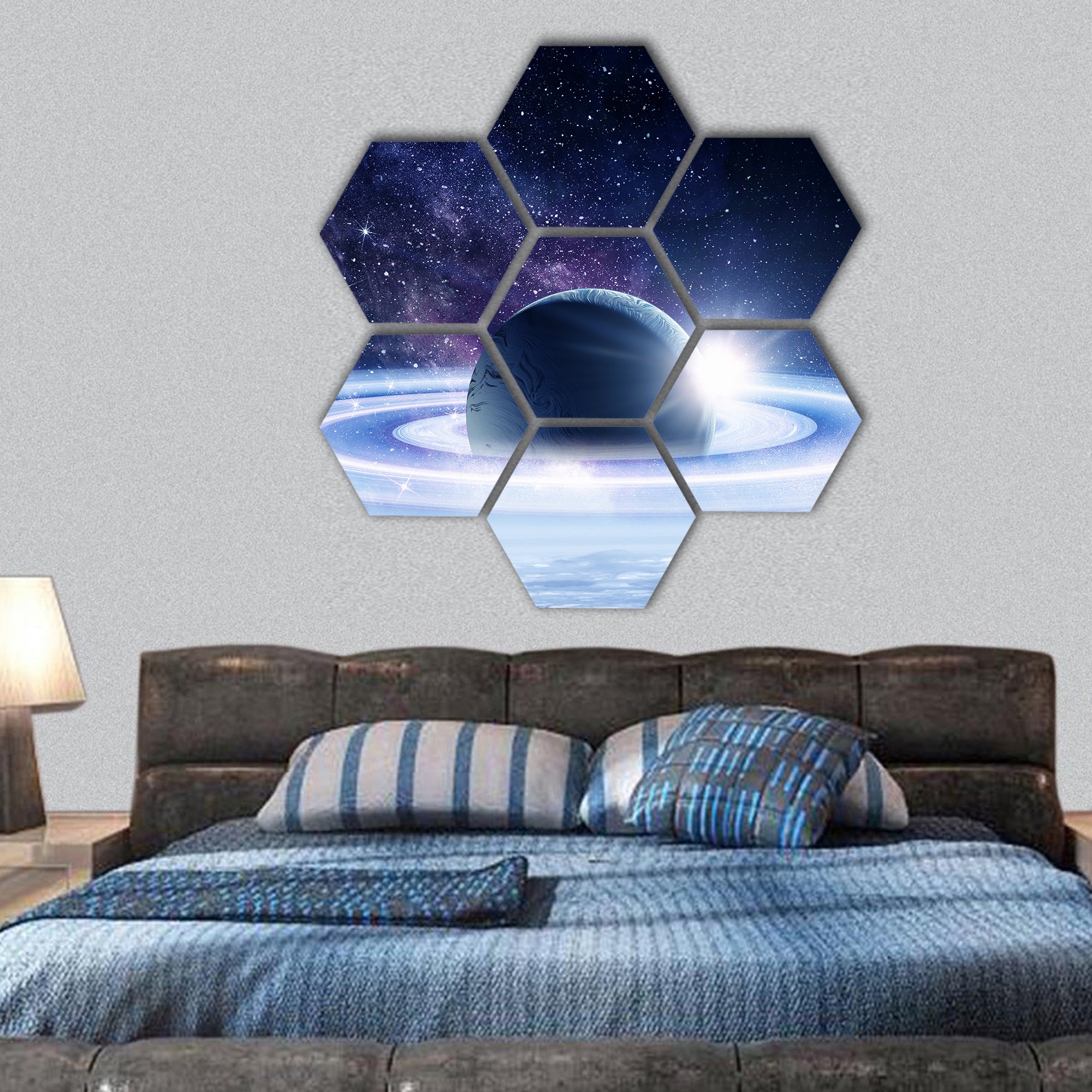 Space planets and nebula hexagonal canvas wall art