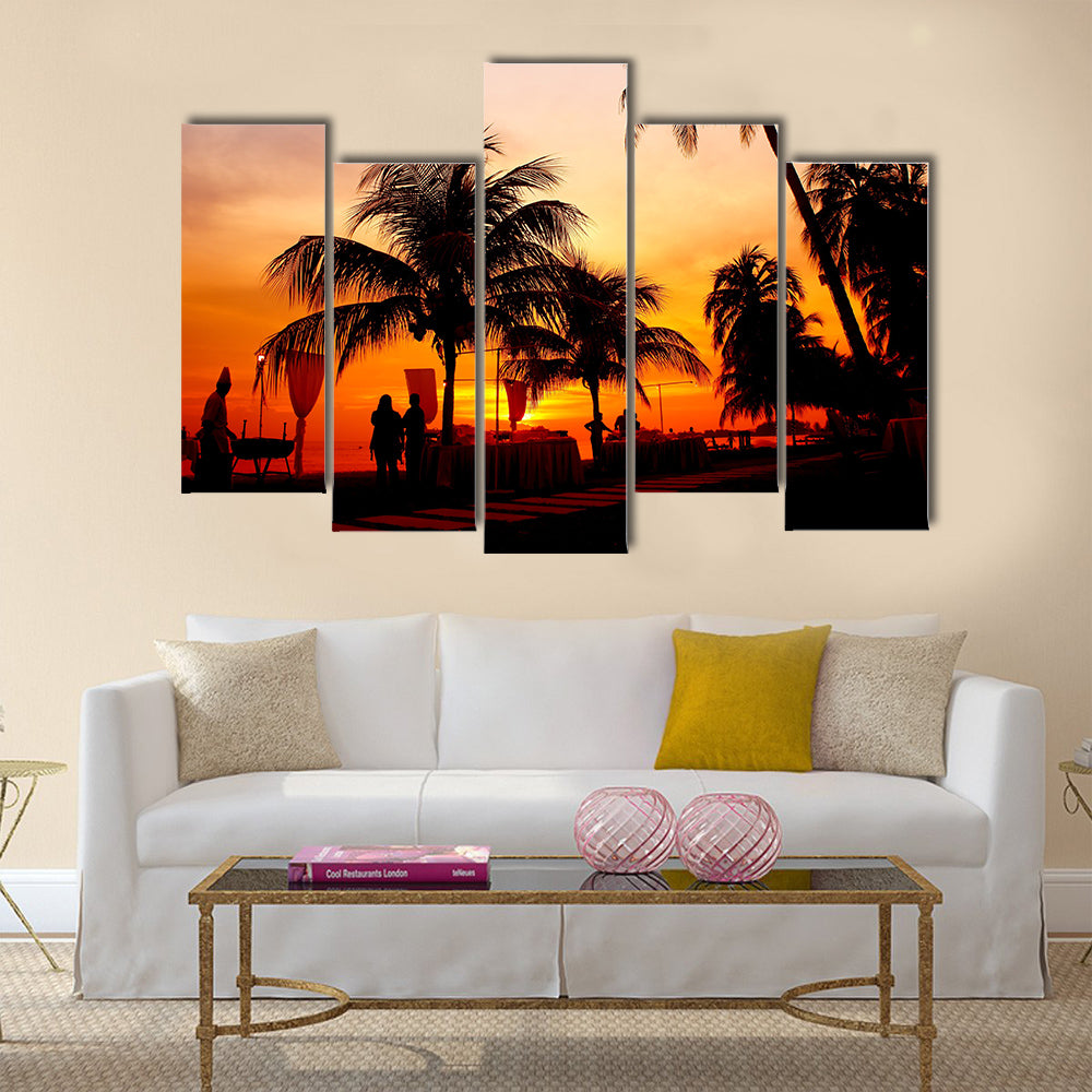 A Dinner On The Sunset At Beach Multi Panel Canvas Wall Art