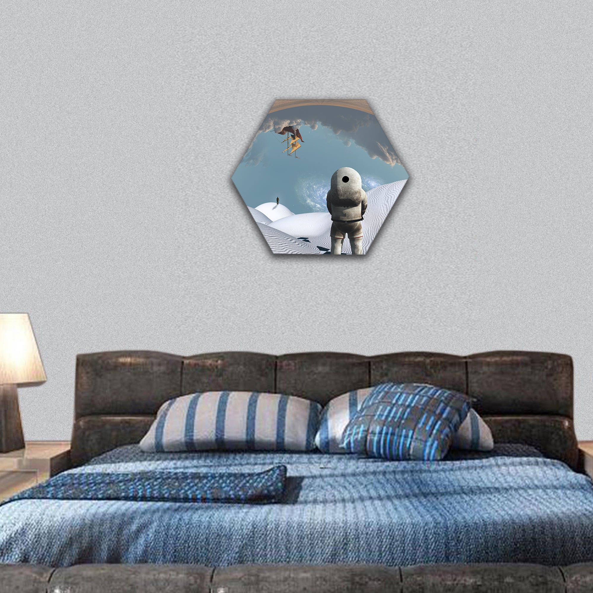 Astronaut stands in surreal white desert hexagonal canvas wall art