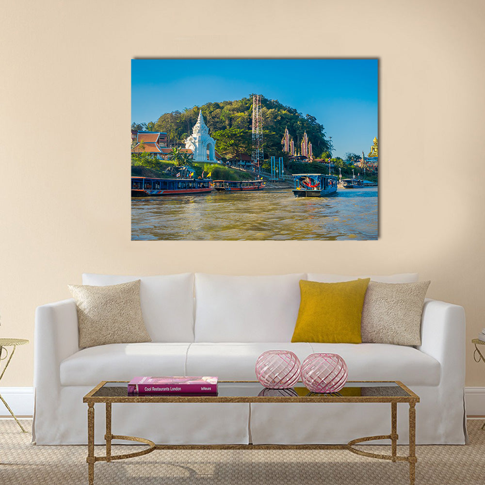 tourists with boats visiting the golden budha triangle Laos Multi panel canvas wall art