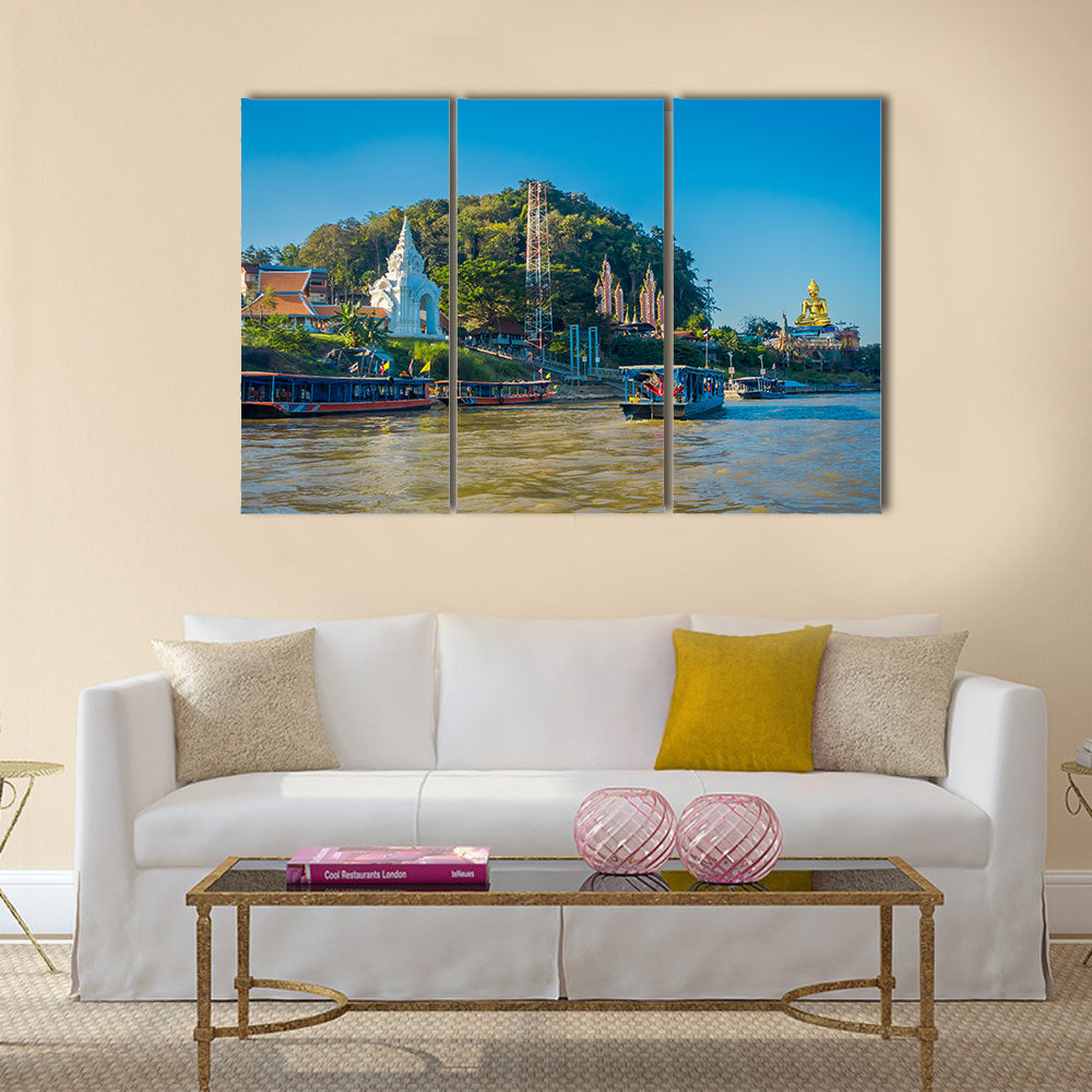tourists with boats visiting the golden budha triangle Laos Multi panel canvas wall art