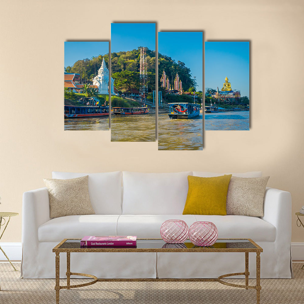 tourists with boats visiting the golden budha triangle Laos Multi panel canvas wall art
