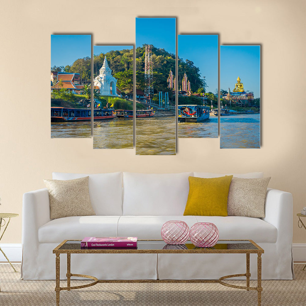 tourists with boats visiting the golden budha triangle Laos Multi panel canvas wall art