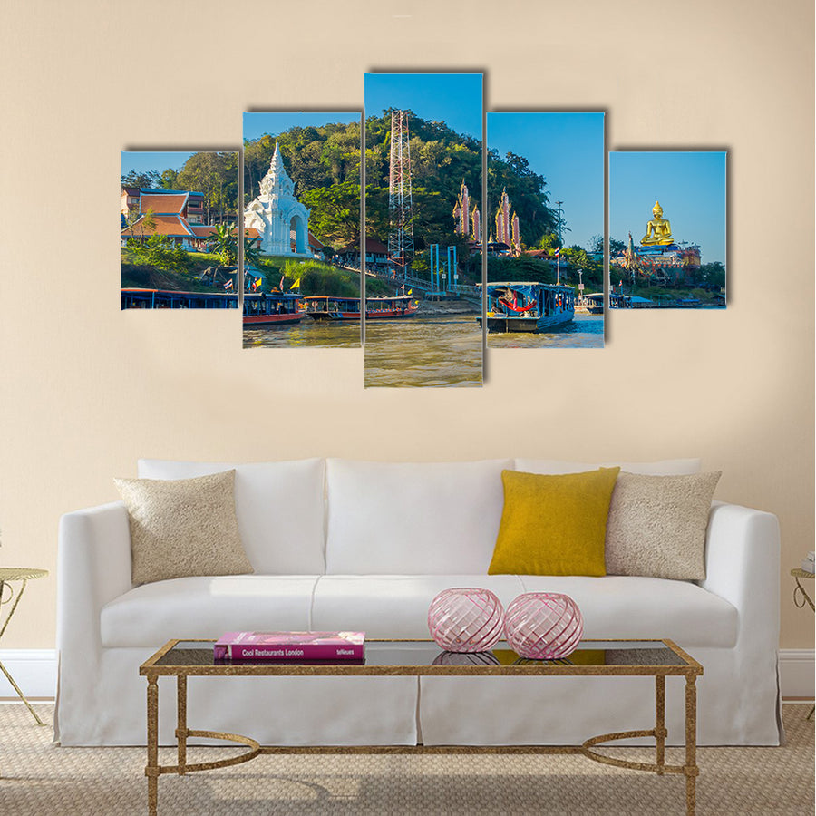 tourists with boats visiting the golden budha triangle Laos Multi panel canvas wall art
