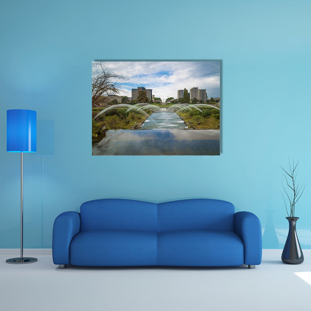 The artificial waterfall in the big fountain of EUR artificial lake, multi panel canvas wall art