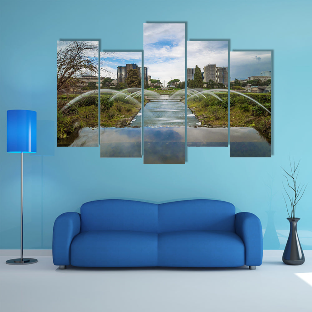 The artificial waterfall in the big fountain of EUR artificial lake, multi panel canvas wall art