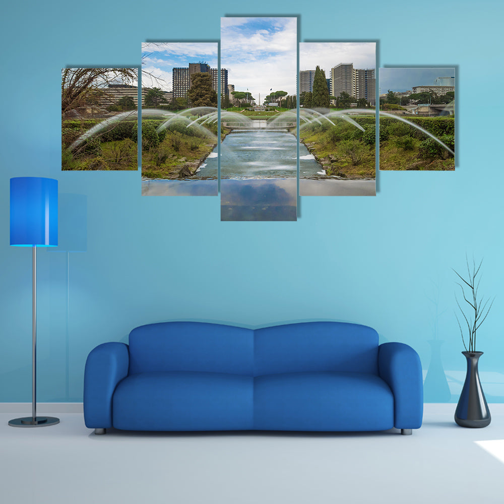 The artificial waterfall in the big fountain of EUR artificial lake, multi panel canvas wall art