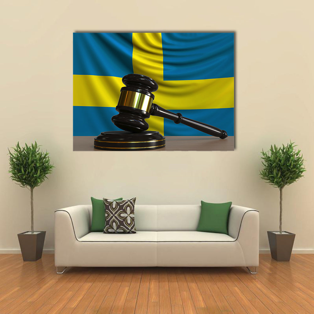 Judges Gavel And Block Against The Flag Of Sweden Multi Panel Canvas Wall Art