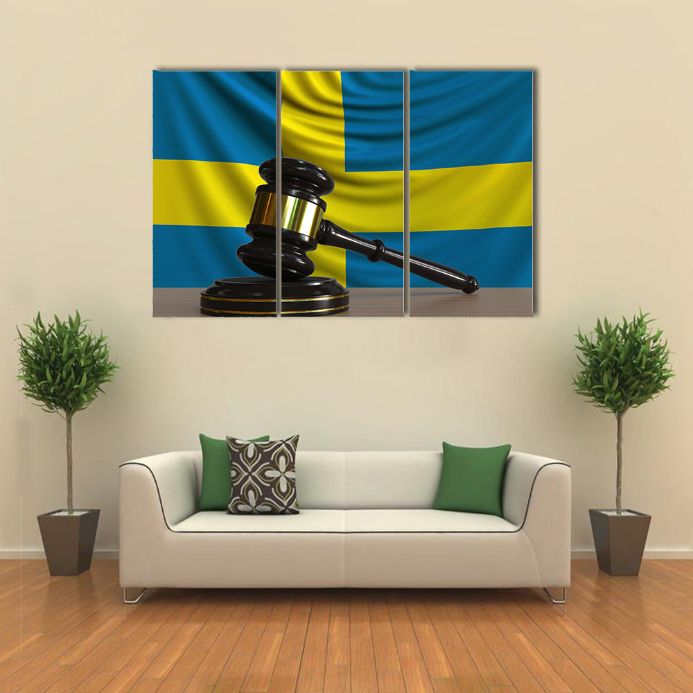 Judges Gavel And Block Against The Flag Of Sweden Multi Panel Canvas Wall Art