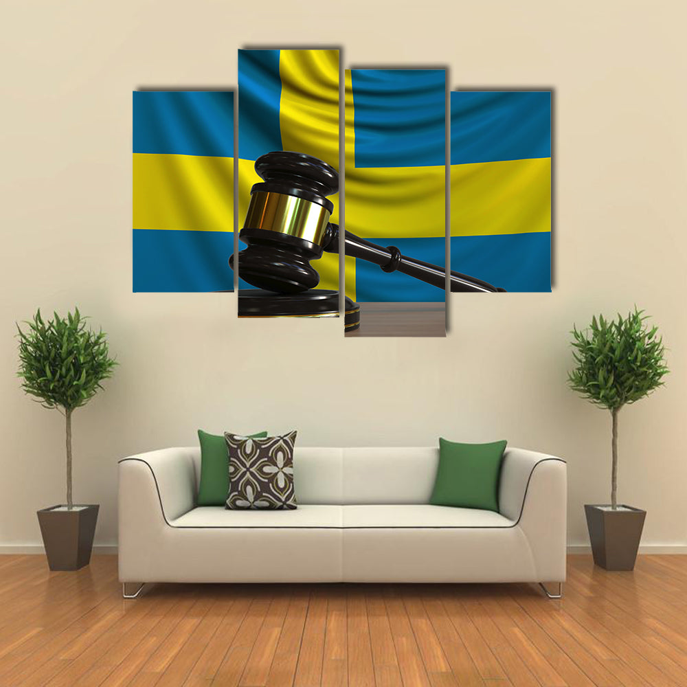 Judges Gavel And Block Against The Flag Of Sweden Multi Panel Canvas Wall Art