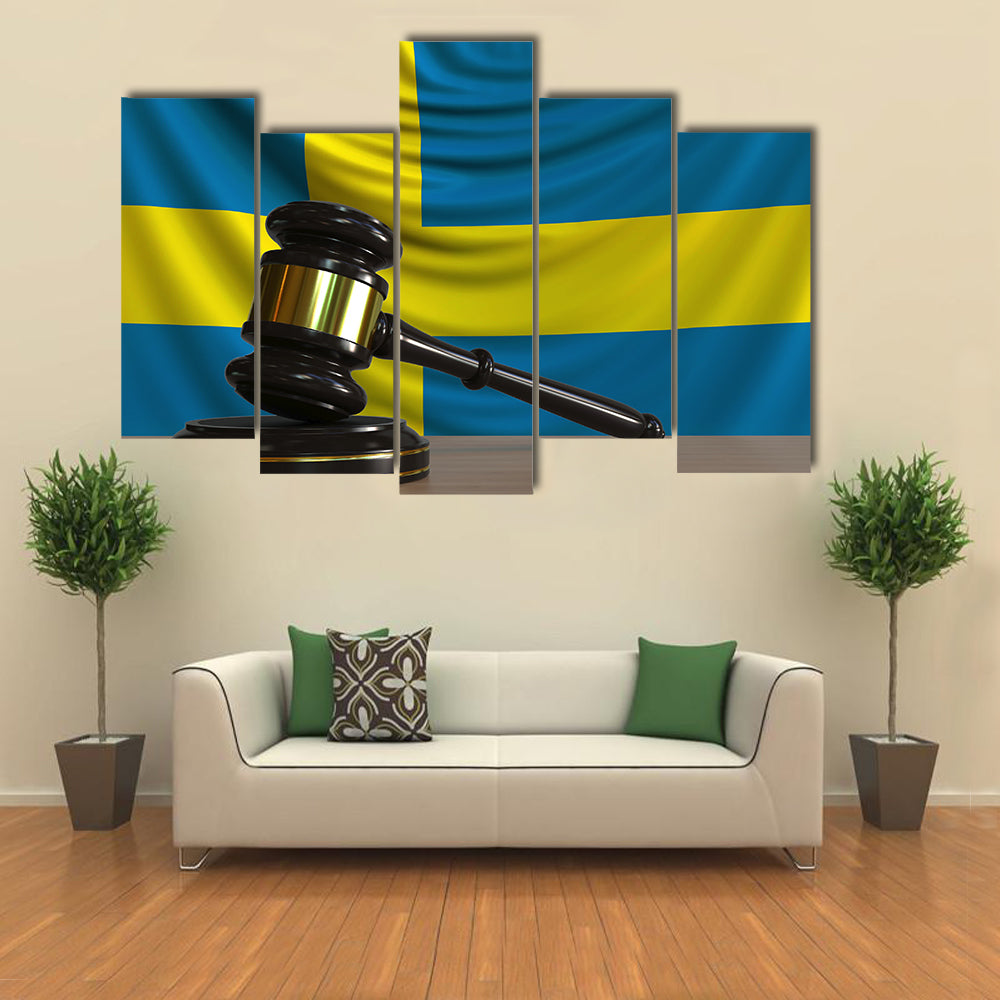 Judges Gavel And Block Against The Flag Of Sweden Multi Panel Canvas Wall Art