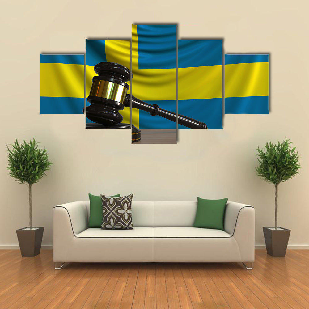 Judges Gavel And Block Against The Flag Of Sweden Multi Panel Canvas Wall Art