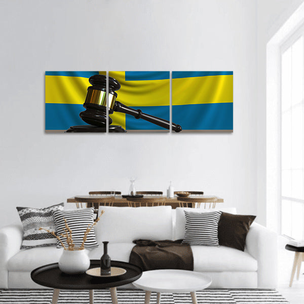 Judges gavel and block against the flag of Sweden Panoramic canvas Wall Art